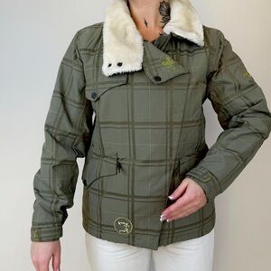 ❄️💚 Burton Women Olive Green Plaid Snowboard Ski Jacket w Faux Fur S EUC